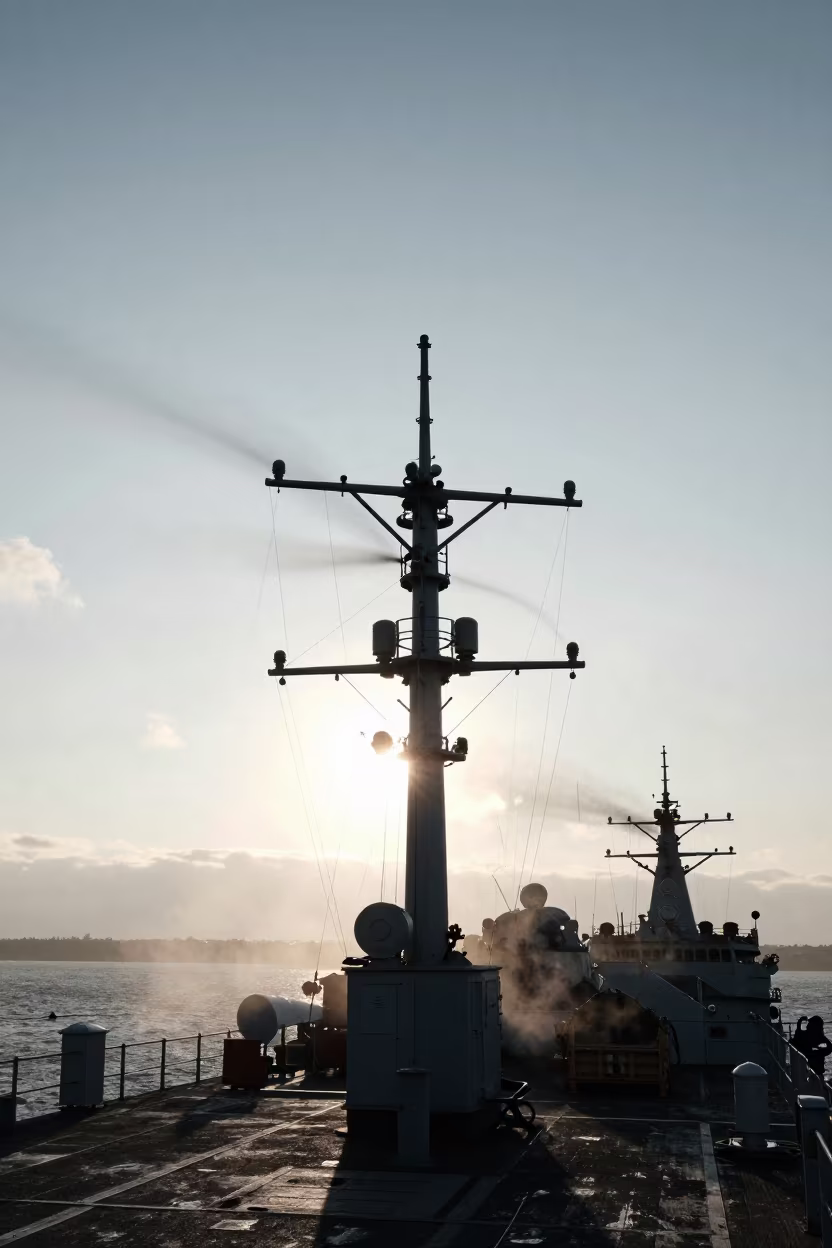 Military Radio Silhouette Dawn Naval Deck in on a naval deck in rough wind in Idaho