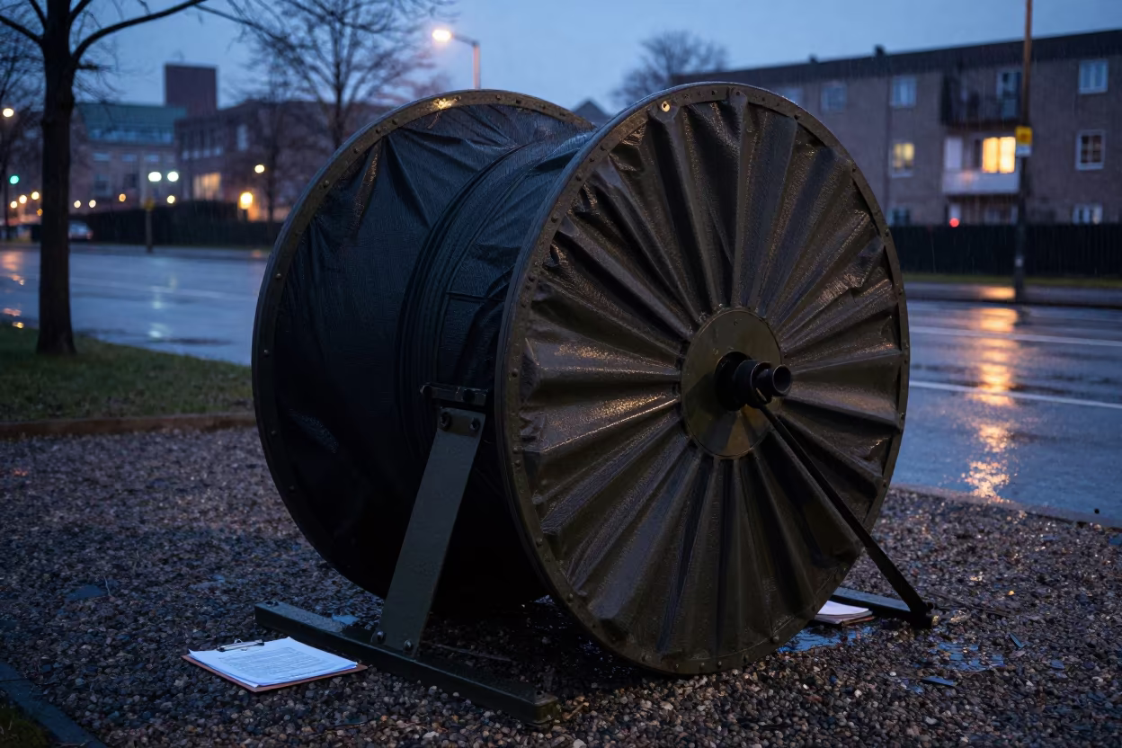 Military Shade Net Spool At Antwerp Convoy Stop in beside a convoy halt on open ground near Antwerp