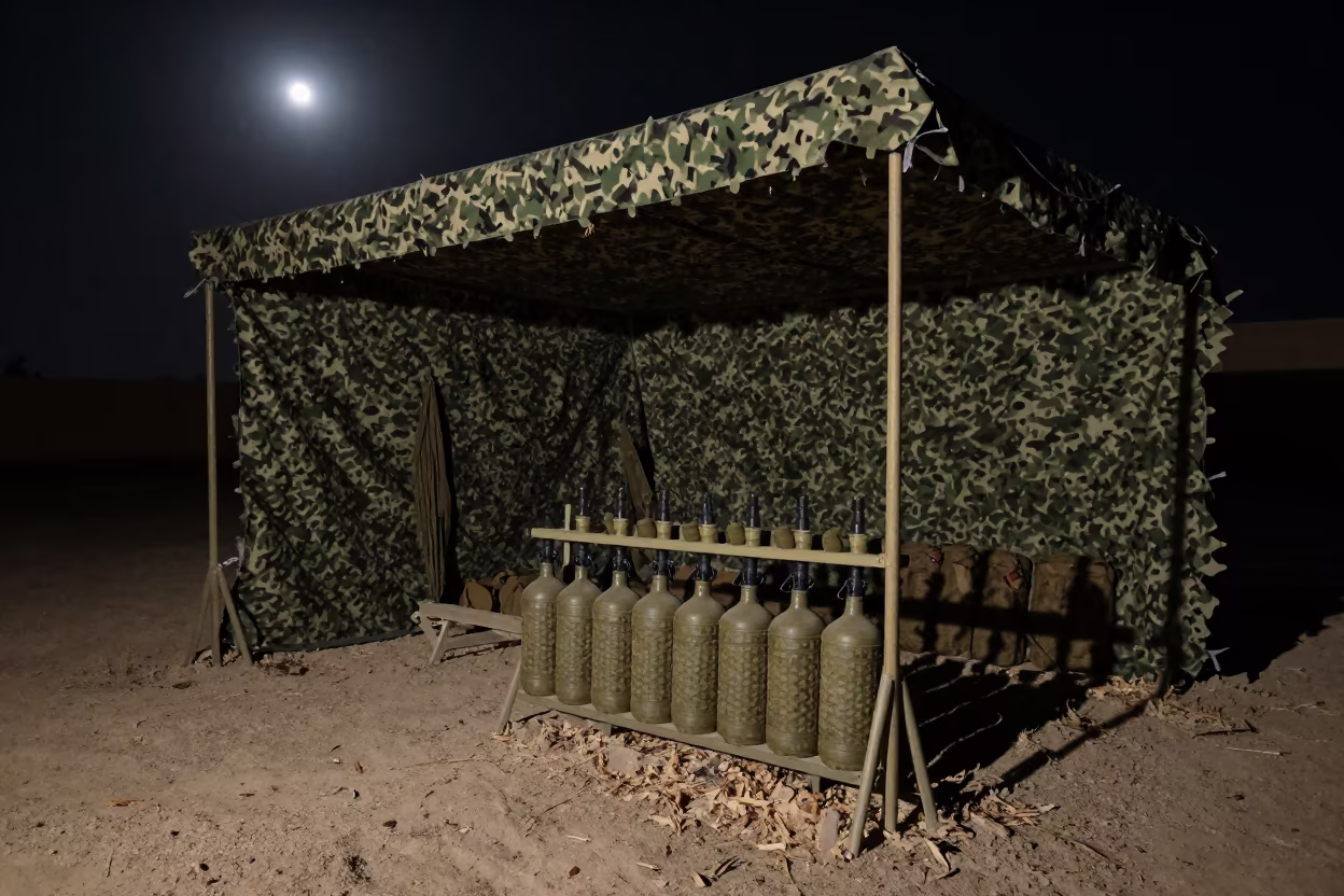 Military Shower Rack Under Afghan Net Shelter in beneath a camouflage net shelter in Afghanistan