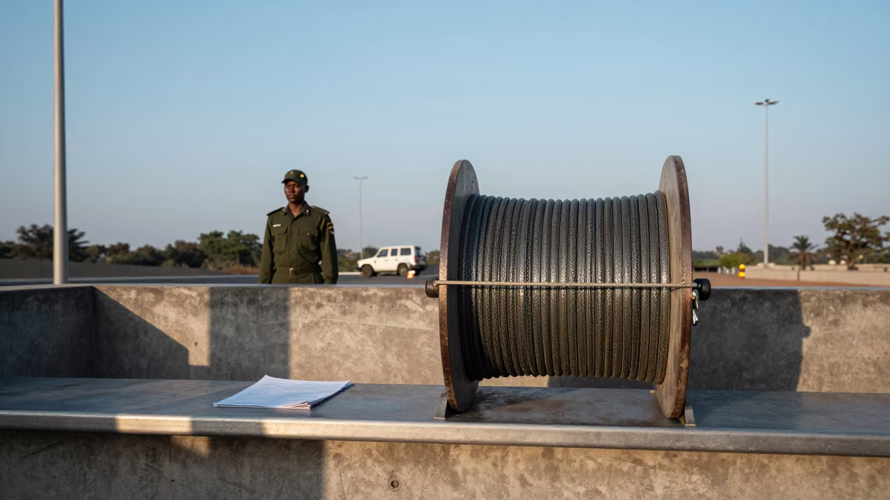 Military Spool at Luanda Checkpoint Dawn in at a checkpoint lane in Luanda