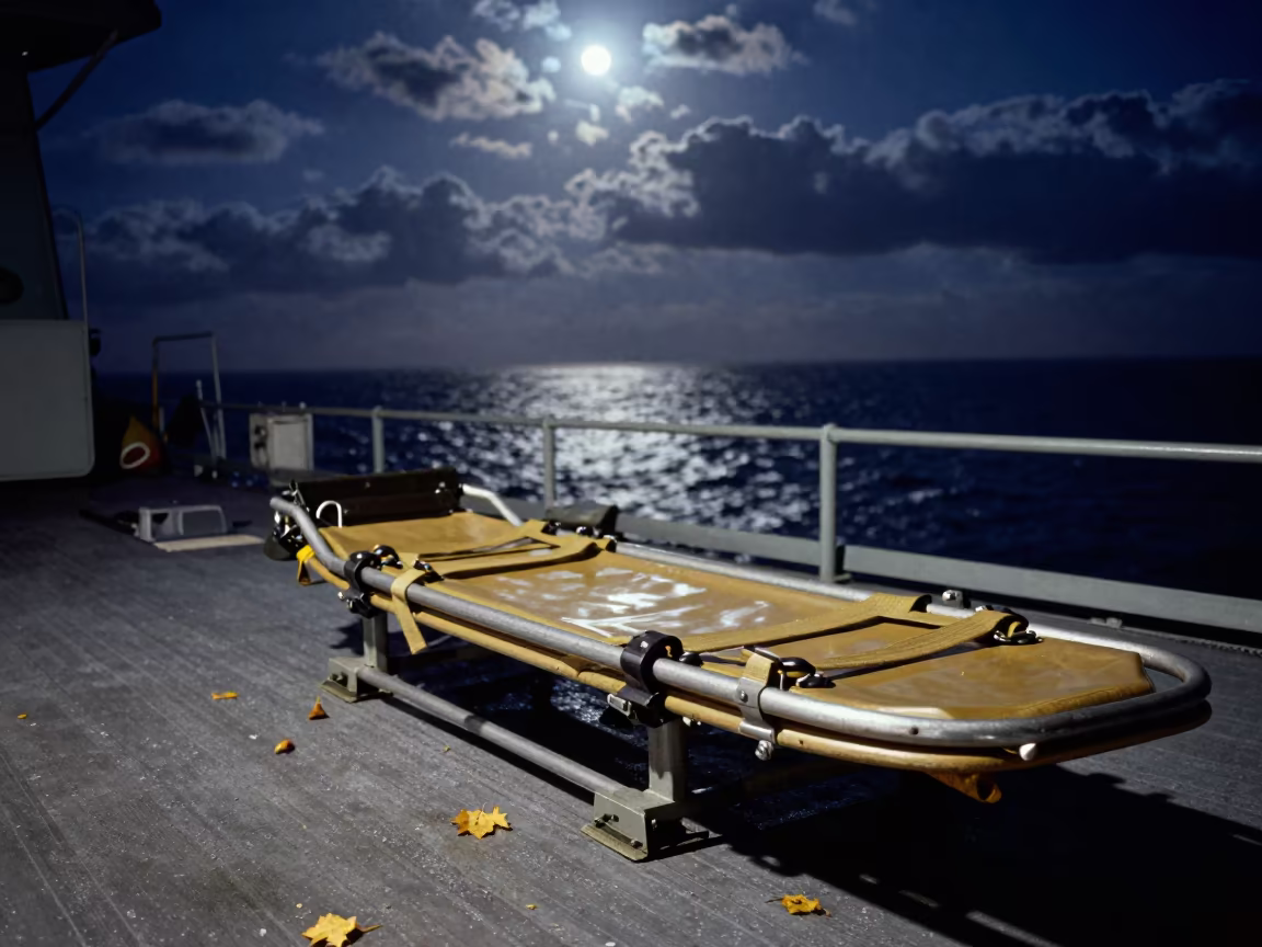 Military Stretcher Bay on Beirut Naval Deck at Night in on a naval deck in rough wind in Beirut