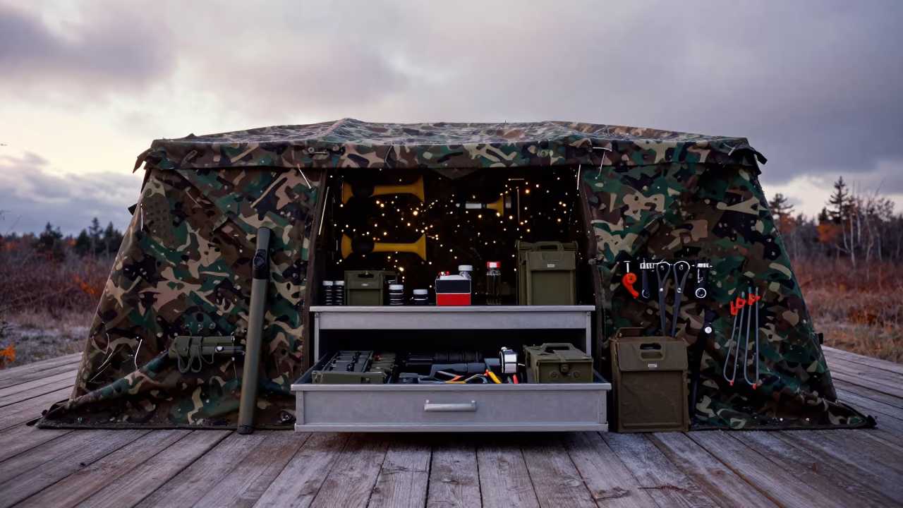Military Supply Drawer Beneath Camouflage Net in beneath a camouflage net shelter in Maine