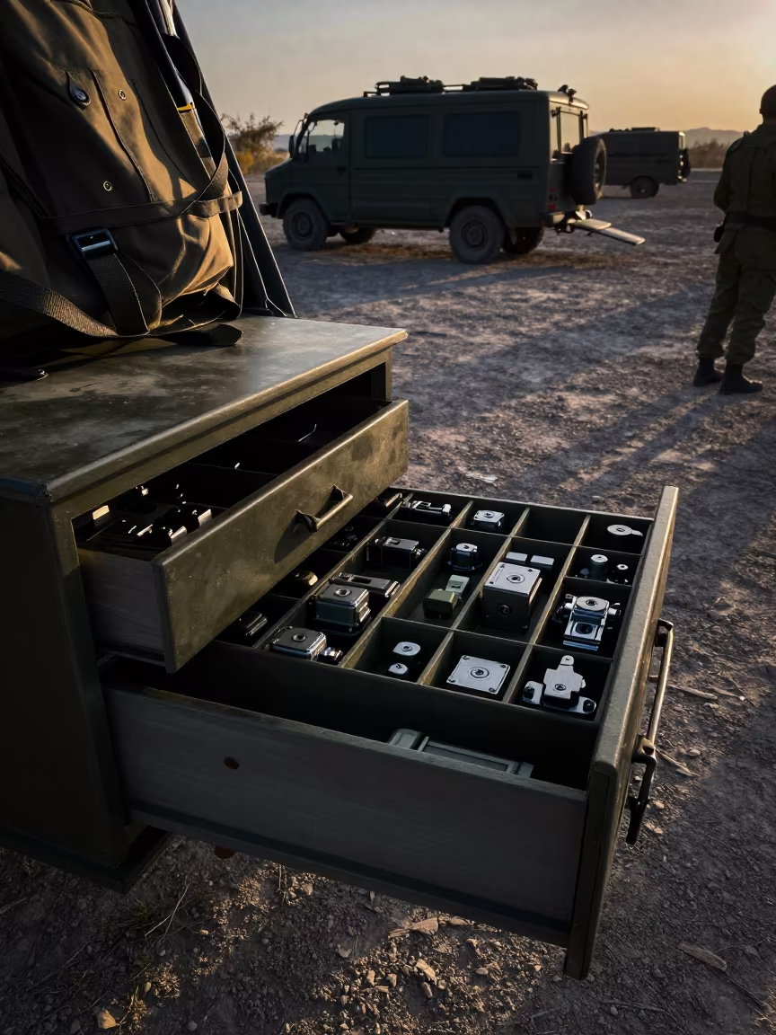 Military Supply Drawer Before Dawn in Iran in beside a convoy halt on open ground in Iran