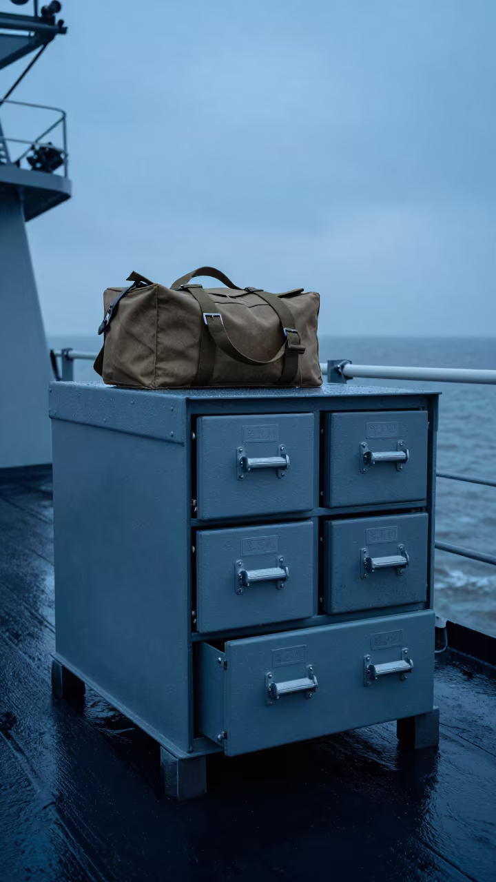 Military Supply Drawer on Naval Deck Blue Hour in on a naval deck in rough wind near Kisii