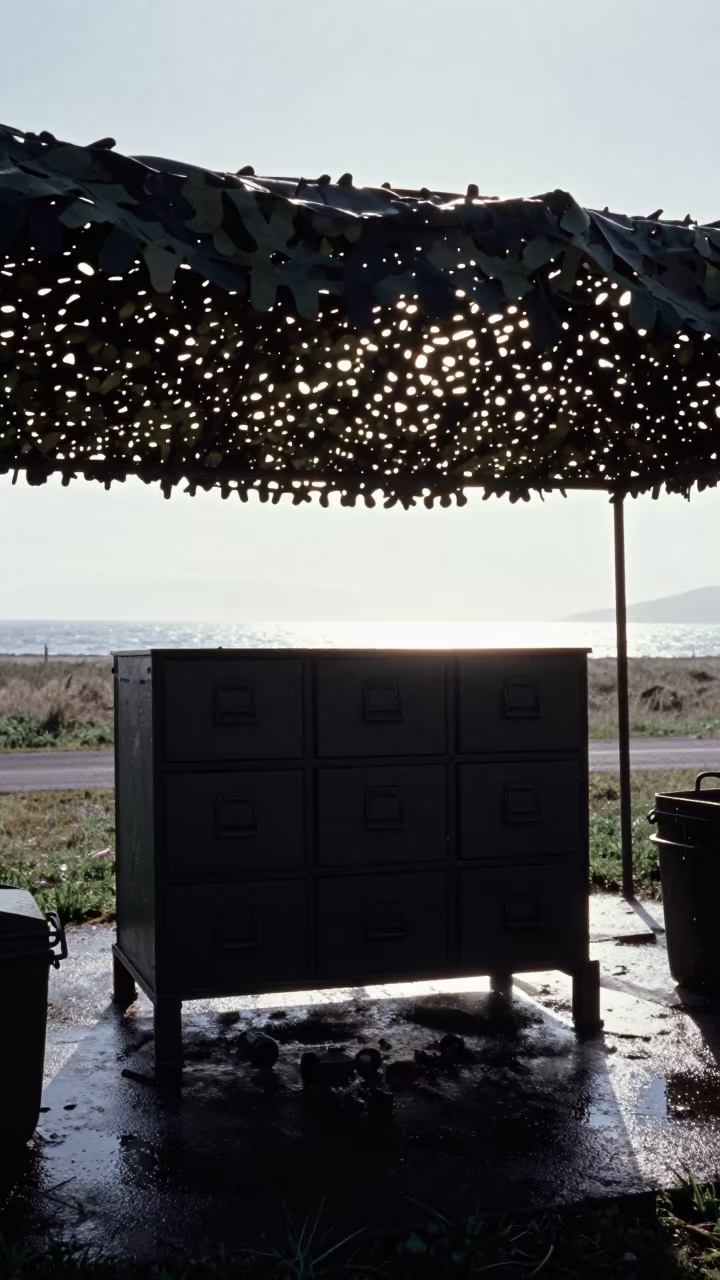Military Supply Drawer Silhouetted Under Shelter in beneath a camouflage net shelter in Victoria