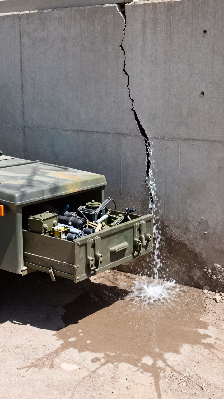 Military Supply Drawer Surreal Waterfall in beside a convoy halt on open ground in Albuquerque