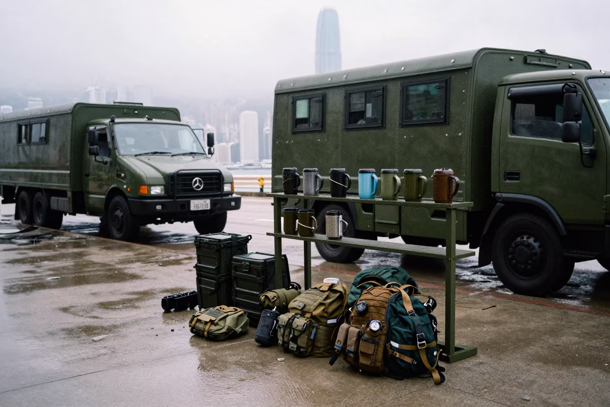 Military Thermal Mug Shelf Before Inspection Rounds in beside a convoy halt on open ground near Central, Hong Kong