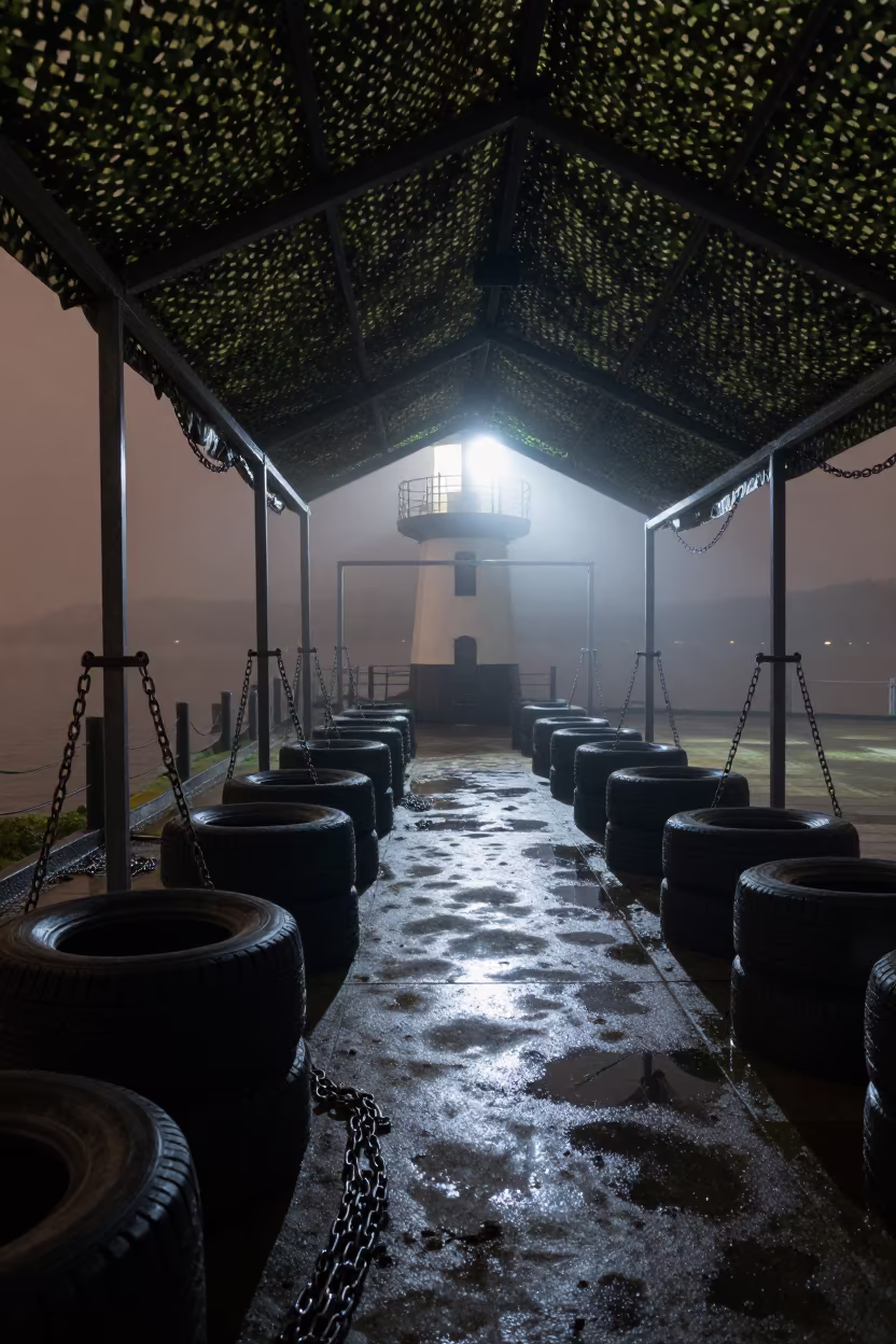 Military Tire Chain Rack Under Camouflage Net in beneath a camouflage net shelter in Hangzhou