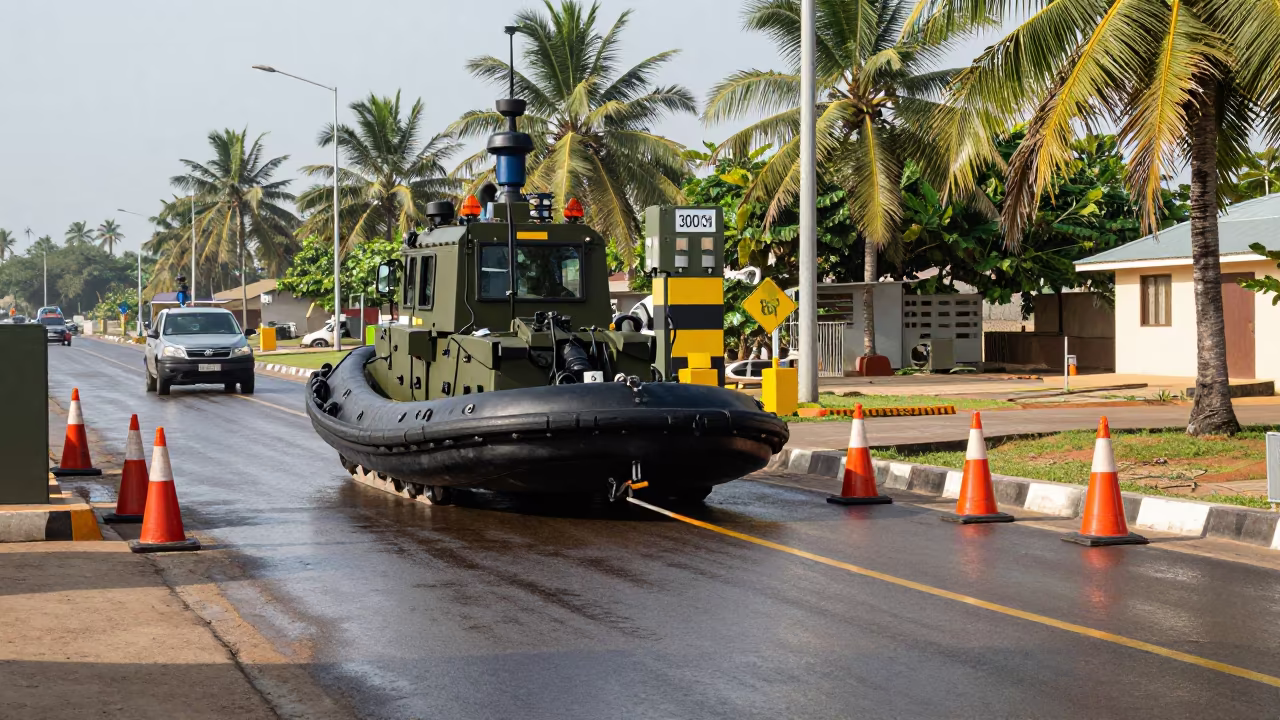 Military Tow Hookup During Storm Cleanup Gambia in at a checkpoint lane in Gambia