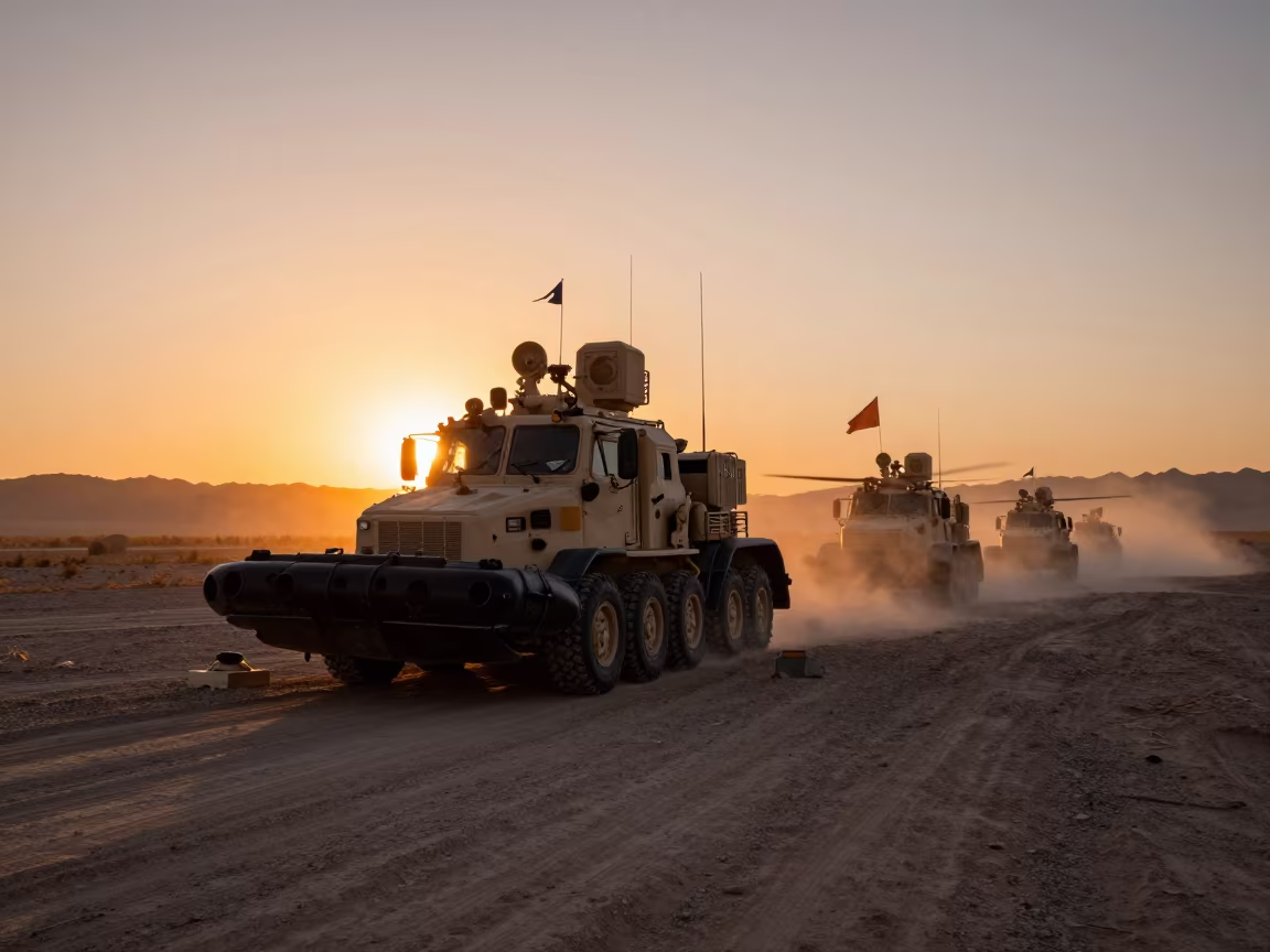 Military Tow Hookup During Storm Cleanup at Sunset in beside a convoy halt on open ground in Nevada