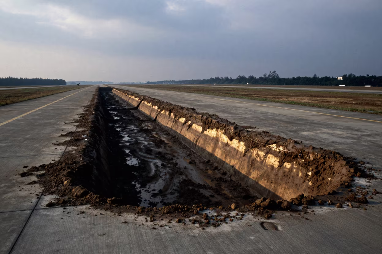 Military Trench Line Mud Under Overcast Guiyang Sky in along an airbase flight line in Guiyang
