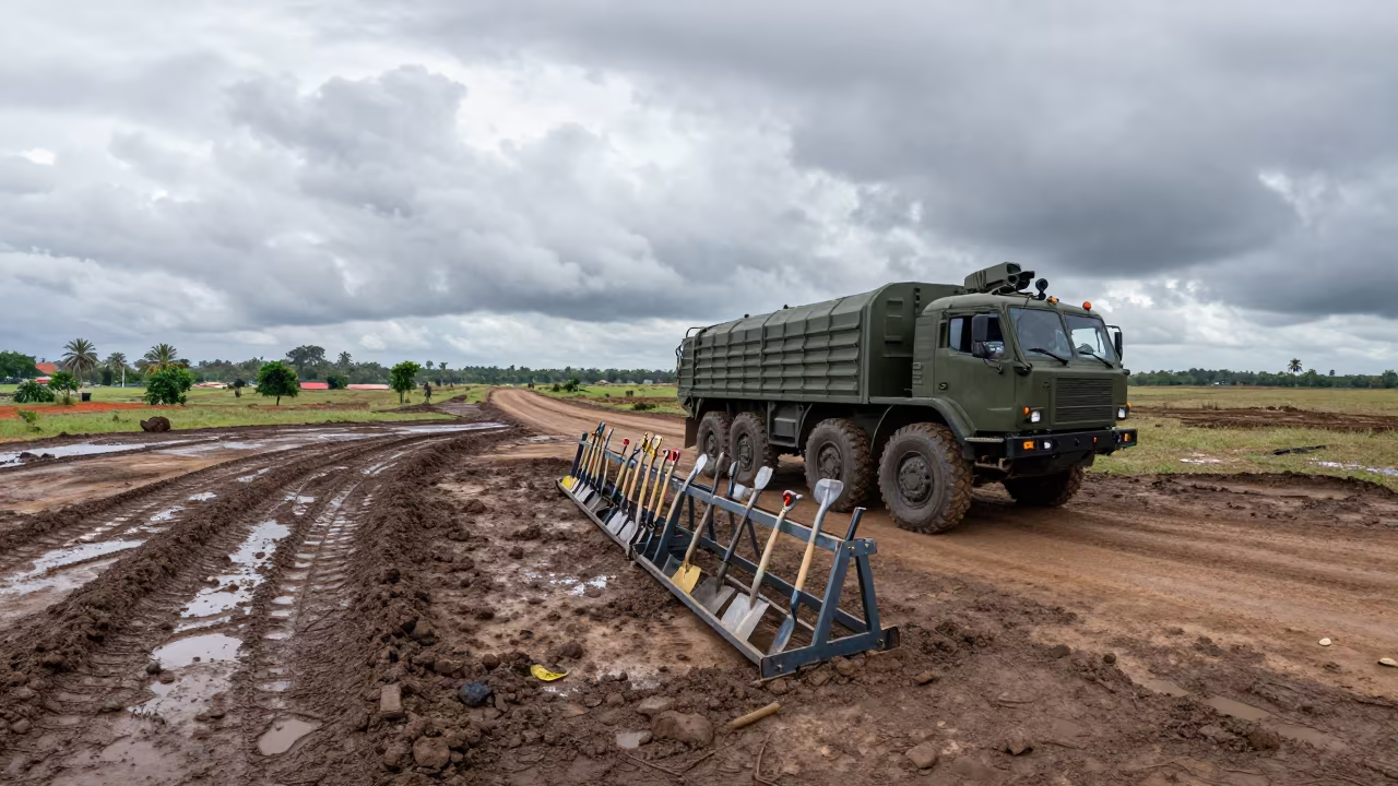 Military Trench Tool Rack Before Formation in beside a convoy halt on open ground in Liberia
