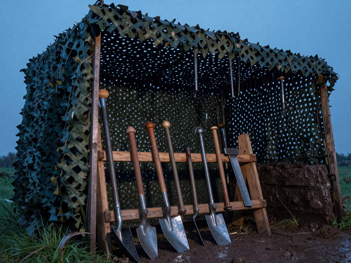 Military trench tool rack under net Ireland evening in beneath a camouflage net shelter in Ireland