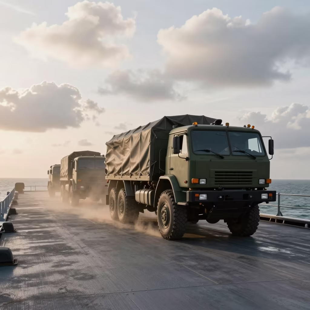 Military Trucks on Niger Naval Deck Dust in on a naval deck in rough wind in Niger