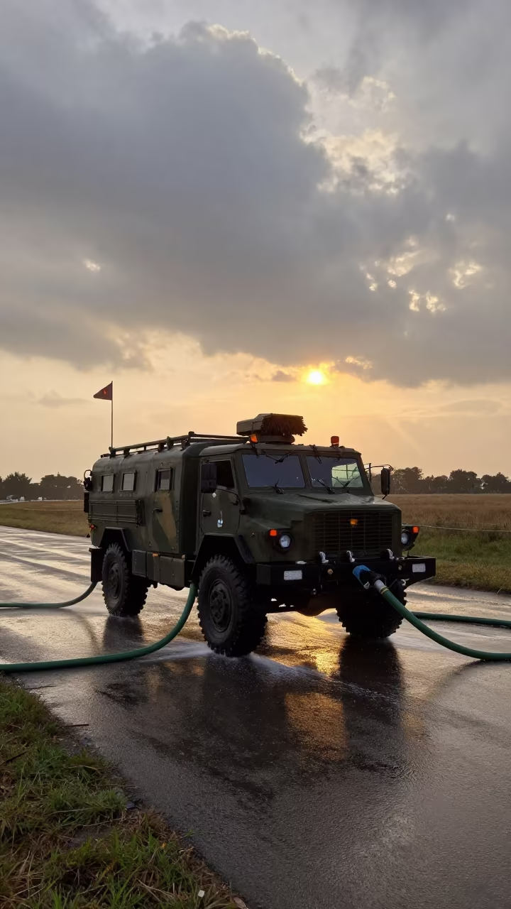 Military Vehicle Washdown at Normandy Checkpoint in at a checkpoint lane in Normandy