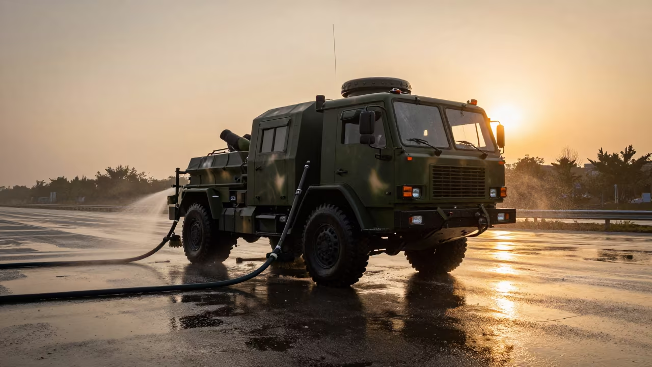 Military Vehicle Washdown Sunset Haikou Checkpoint in at a checkpoint lane in Haikou