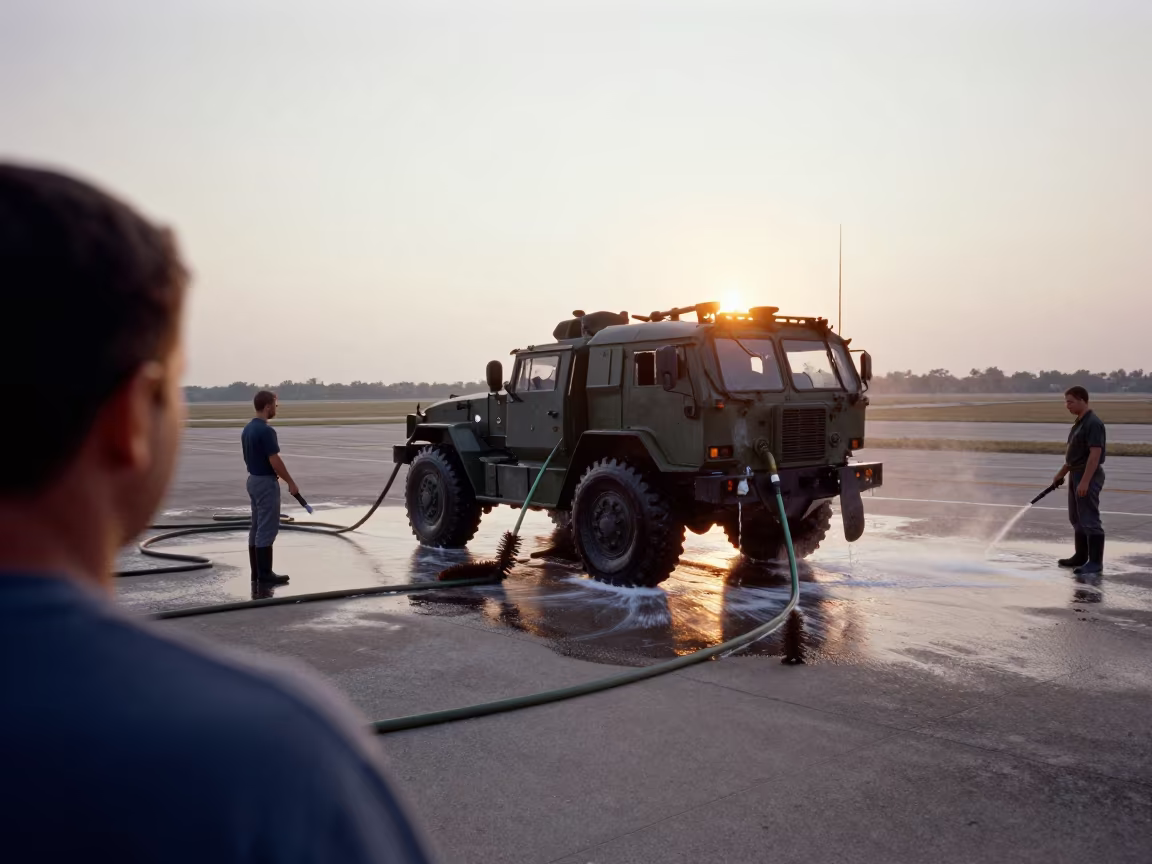 Military Vehicle Washdown at Sunset on Iowa Airbase in along an airbase flight line in Iowa