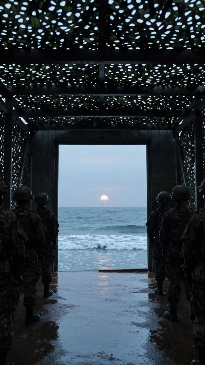 Military Water Rack Surreal Ocean Doorway in beneath a camouflage net shelter in Ecuador