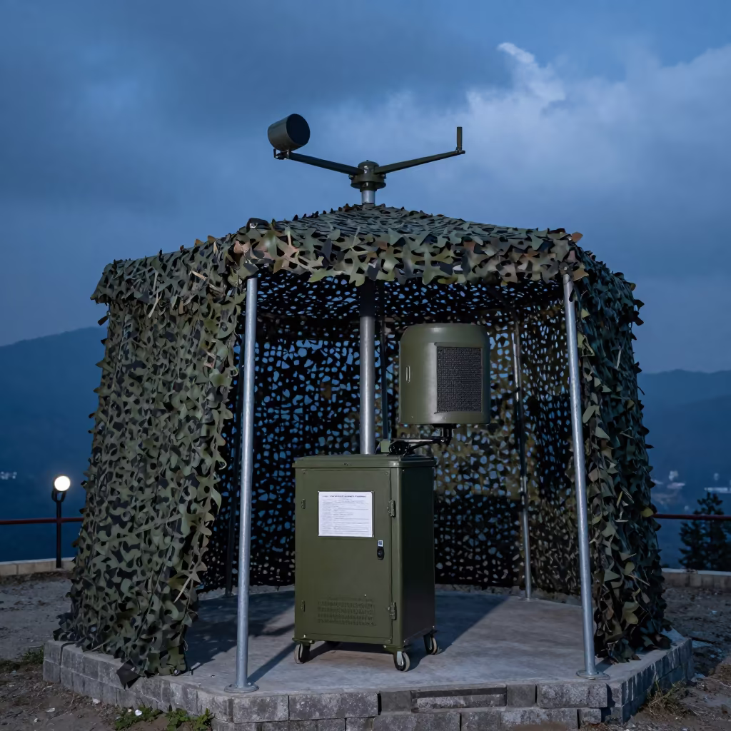 Military Weather Station Anemometer Under Netting in beneath a camouflage net shelter near Dehradun