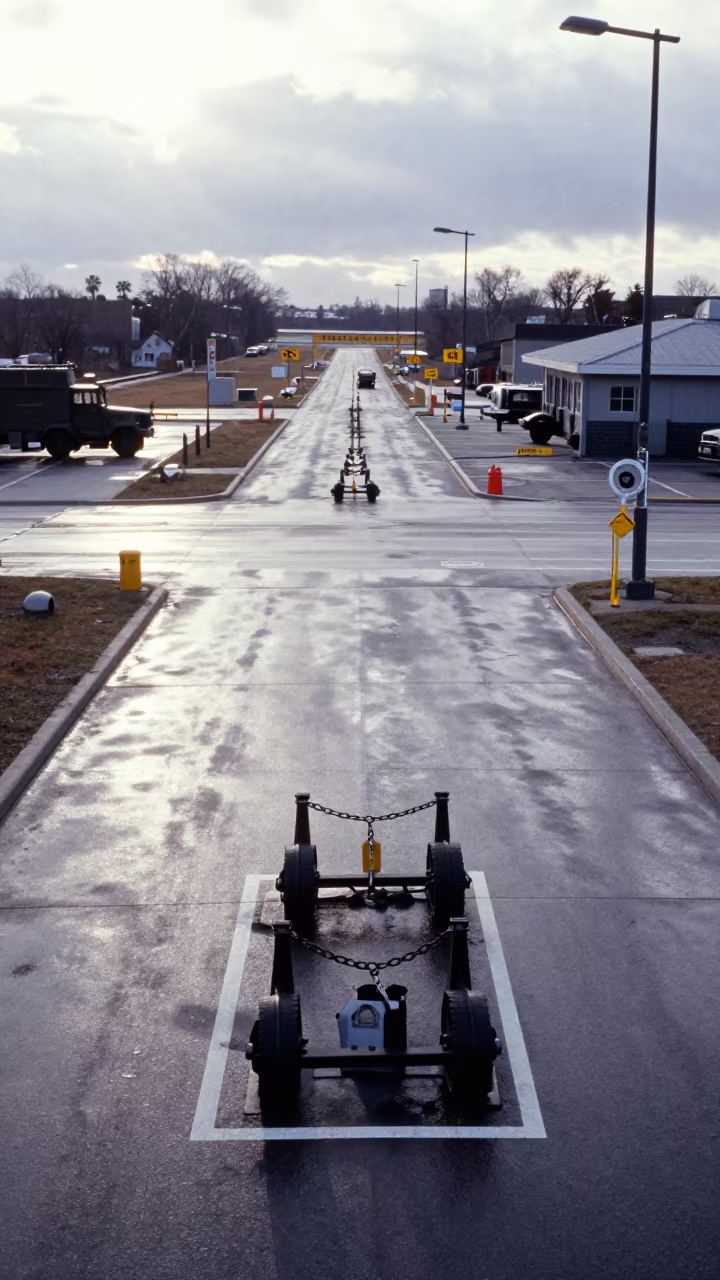 Military Wheel Chock Chain Rack Before Checkpoint in at a checkpoint lane near Hochelaga, Montreal