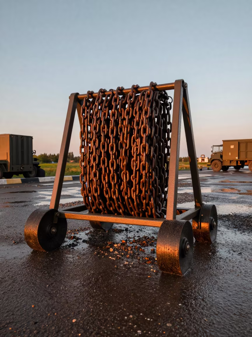 Military Wheel Chock Chain Rack Tajikistan in at a checkpoint lane in Tajikistan