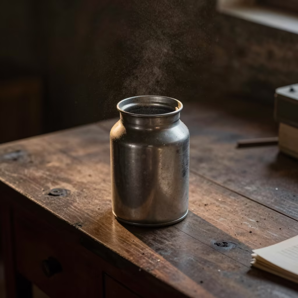 Milk Can on Desk with Dust in Lamplight in on a writing desk in Solapur