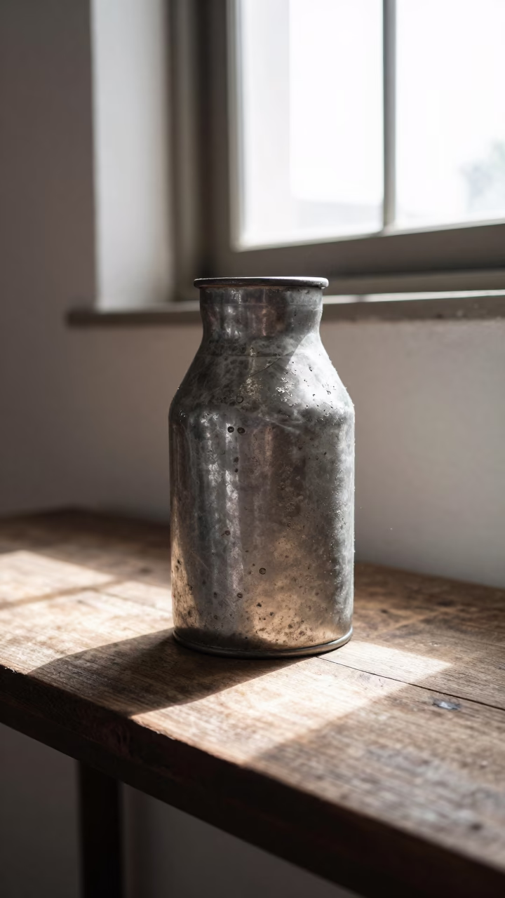 Milk Can on Stable Shelf Midday Light in on a museum plinth in Campo Grande