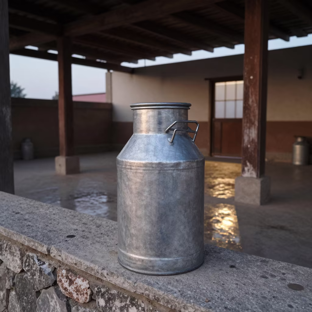 Milk Can on Stone Ledge in Predawn Lamplight in on a stone ledge near Abbottabad