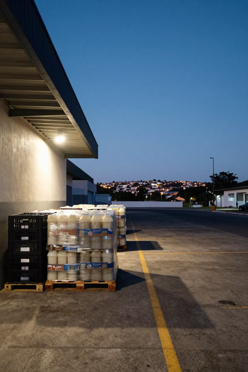 Milk crates at Salvador loading dock twilight in at a delivery depot loading bay near Salvador
