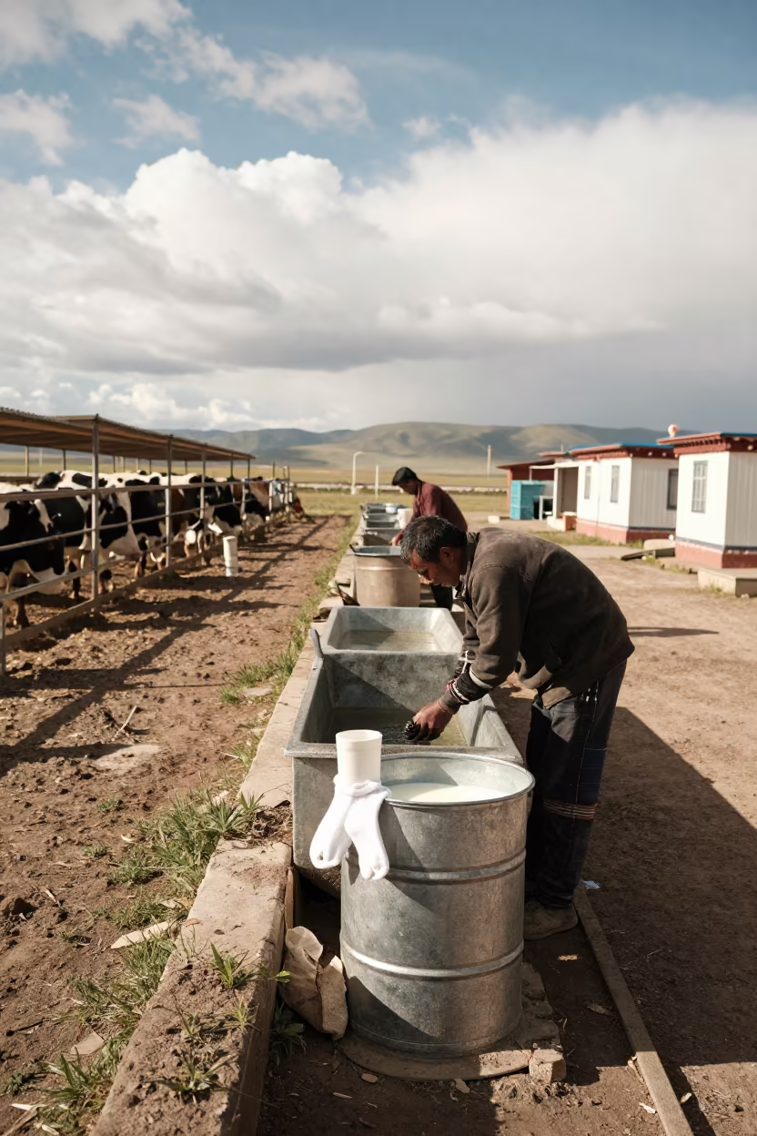 Milk Filter Sock Bin Near Trough in Tibet in near a windbreak and water trough in Tibet
