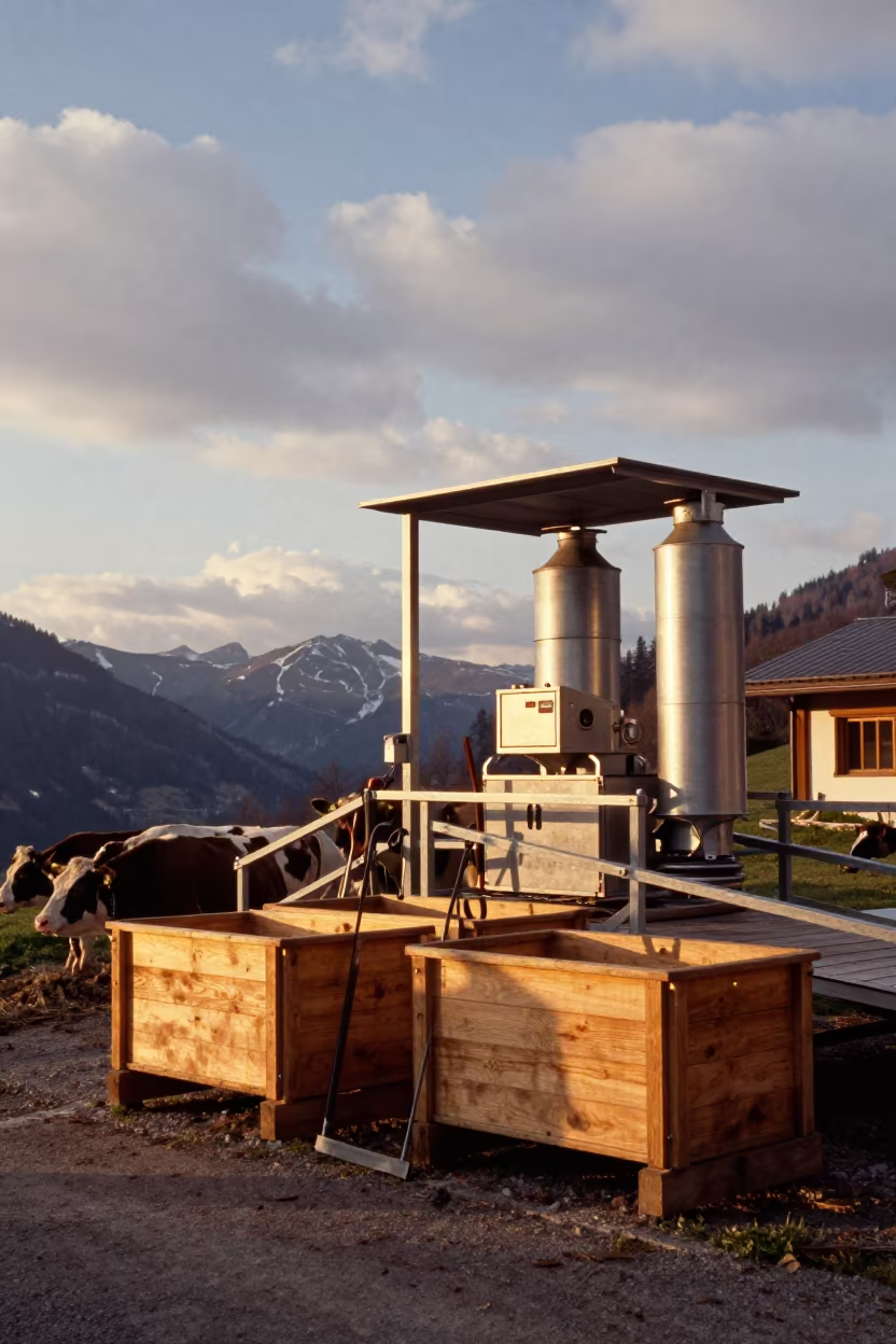 Milk Filter Sock Bin at Tyrolean Stockyard Golden Hour in at a stockyard loading ramp in Tyrol