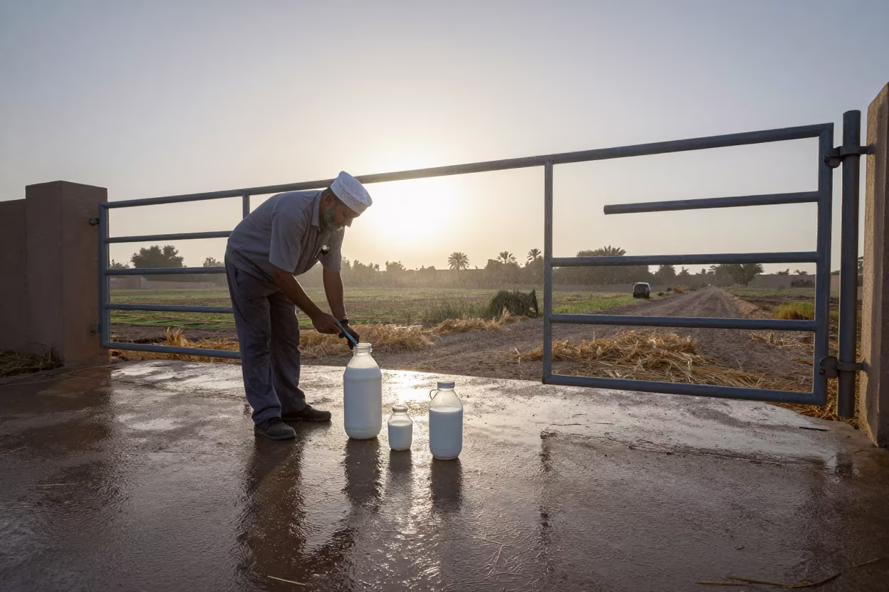 Milk Meter Kit Damp Concrete Saudi Dawn in beside a pasture gate in Saudi Arabia