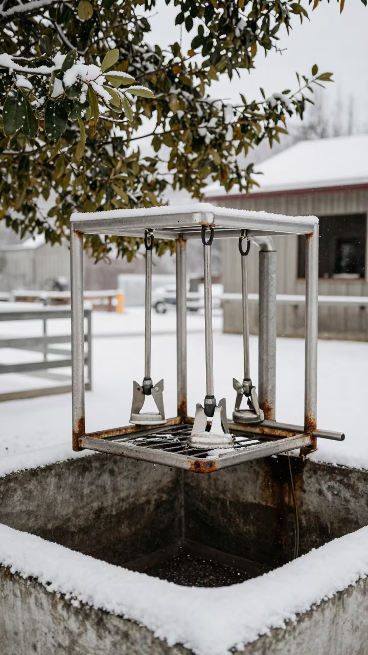 Milking Claw Wash Rack in Winter Snow in along a feedlot lane in British Columbia