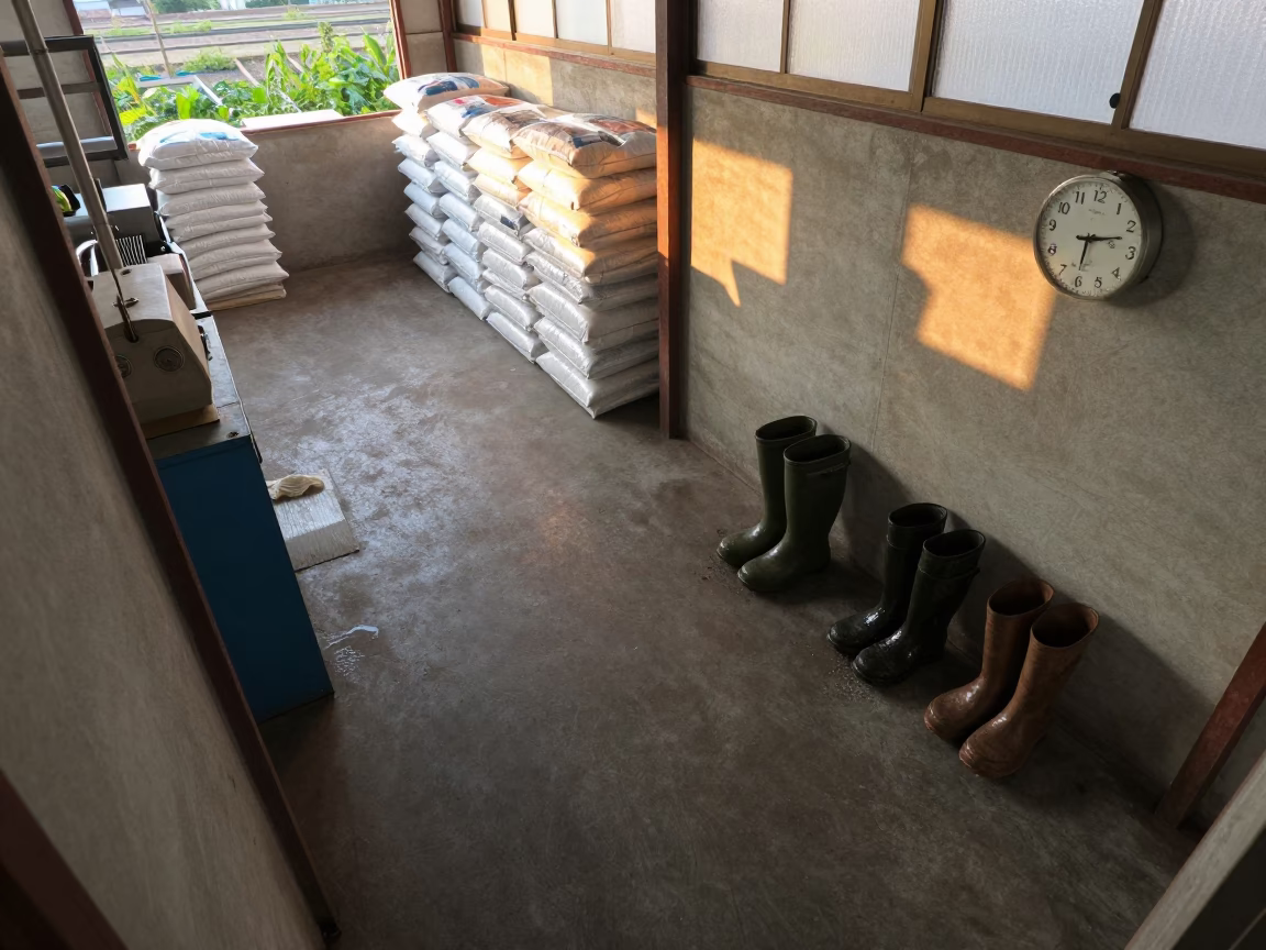 Milking Clock and Boots in Kyushu Shed in inside a machine shed with seed bags stacked high in Kyushu