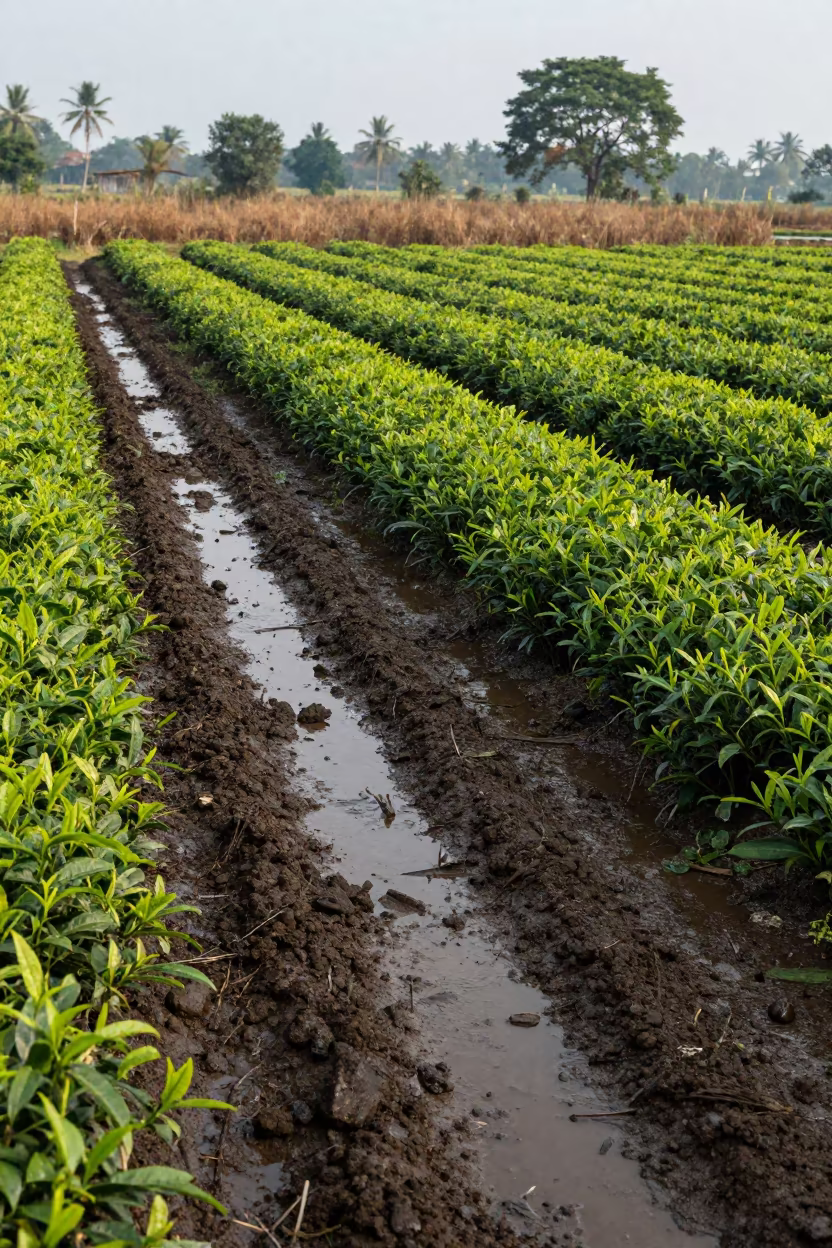 Milking Line After Rain in Bangladesh Tea Slope in along freshly irrigated rows in Bangladesh