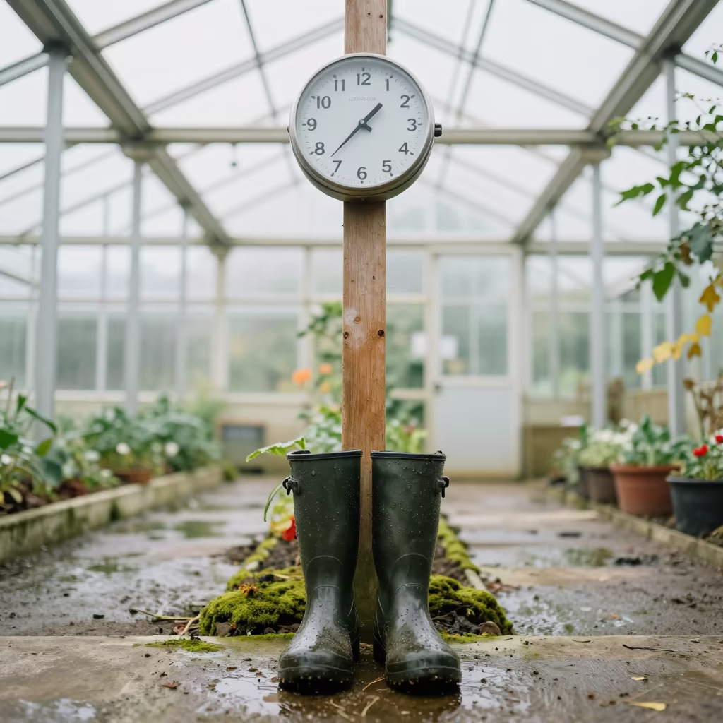 Milking Parlor Clock Four Thirty Wet Boots in inside a humid greenhouse aisle in the Basque Country