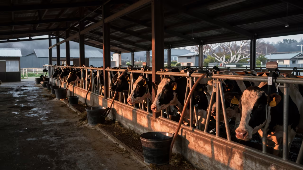 Milking Parlor Under Gray Storm Light in beside a veterinary crush in a barn in Shikoku