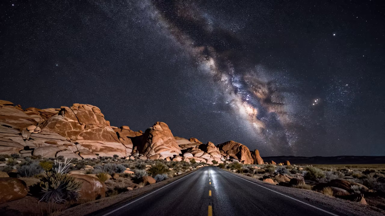 Milky Way Arc Over New Mexico Desert Road Night in beneath a wind-cut desert escarpment in New Mexico