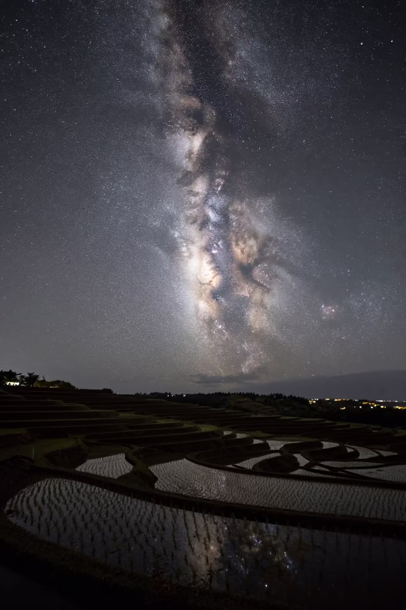 Milky Way Arc Over Winter Rice Paddies Hawaii in beneath a moon-washed horizon in Hawaii