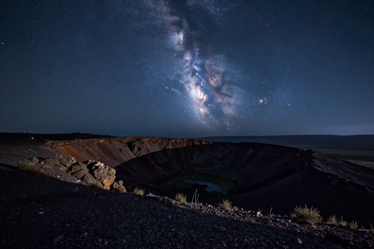 Milky Way Core Above Volcanic Crater Almaty Night in under a band of cold starlight near Almaty