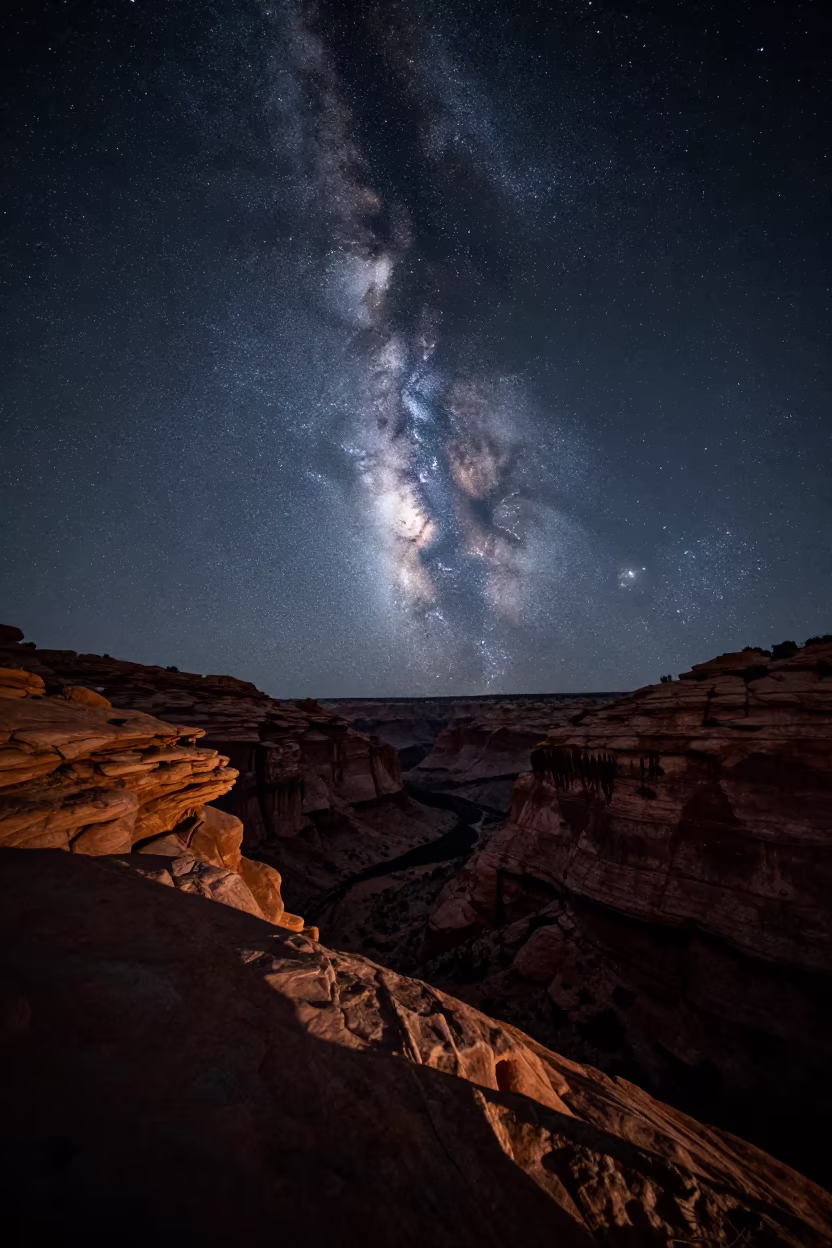 Milky Way Core Over Arizona Desert Canyon Midnight in from a quiet alpine saddle in Arizona