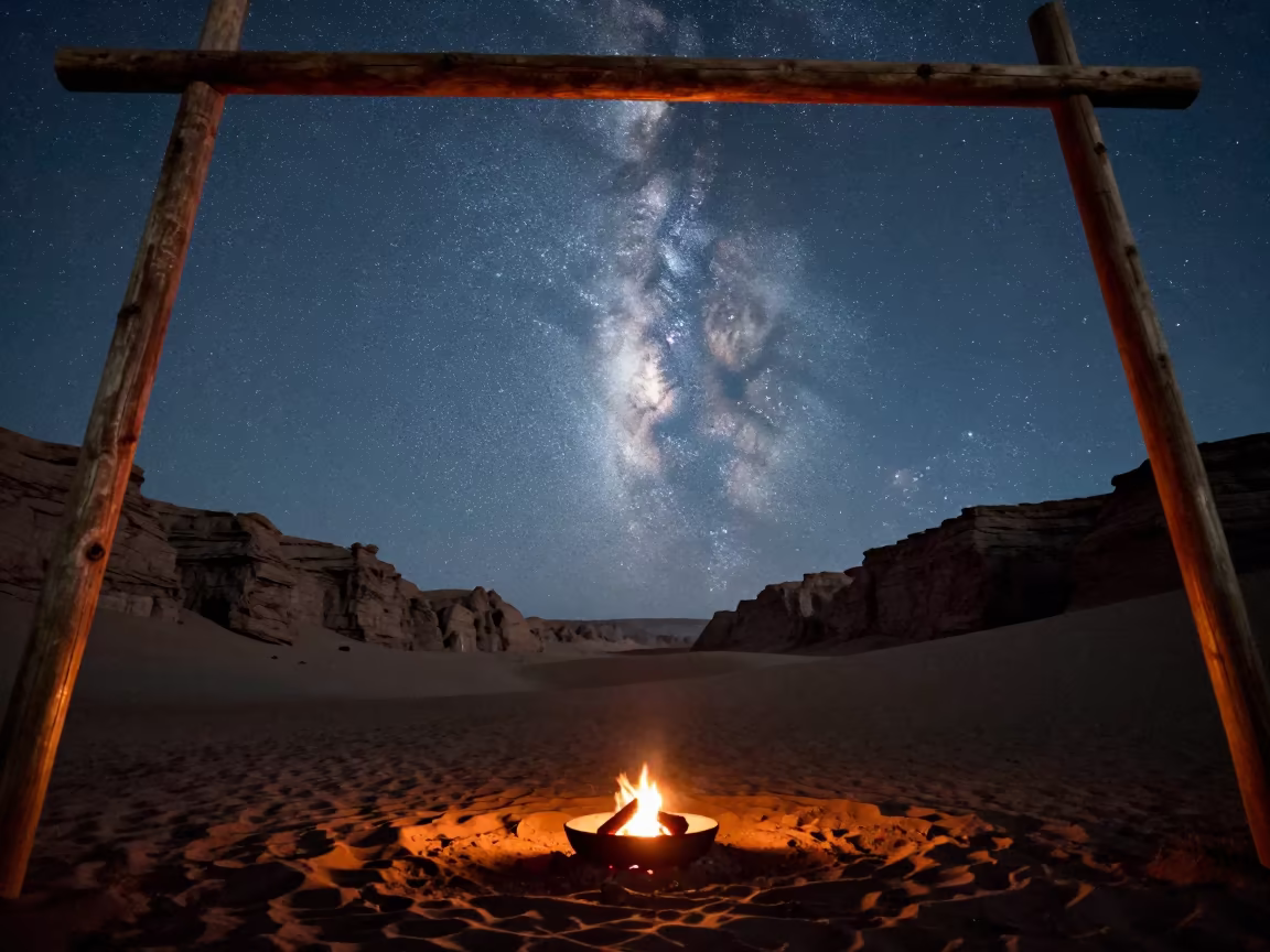 Milky Way Core Over Mongolian Desert Canyon Night in from a dune-backed overlook in clear desert air in Mongolia