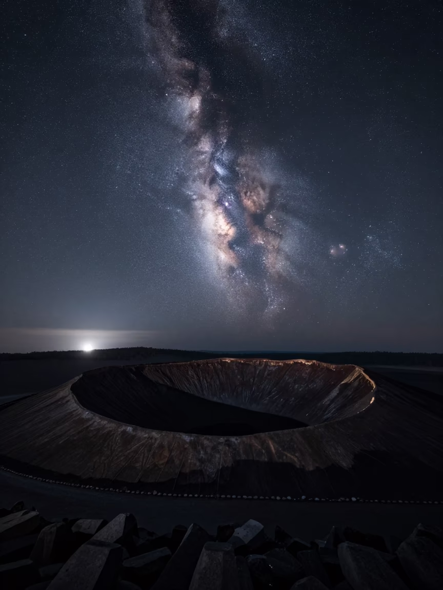Milky Way Core Over Volcanic Crater at Night in from a moonlit breakwater near Thimphu