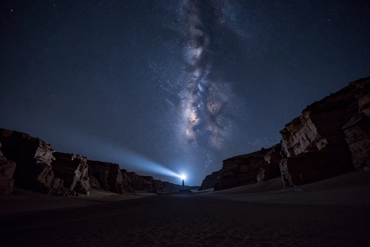Milky Way Core Over Rajasthan Desert Canyon in from a moonlit breakwater in Rajasthan