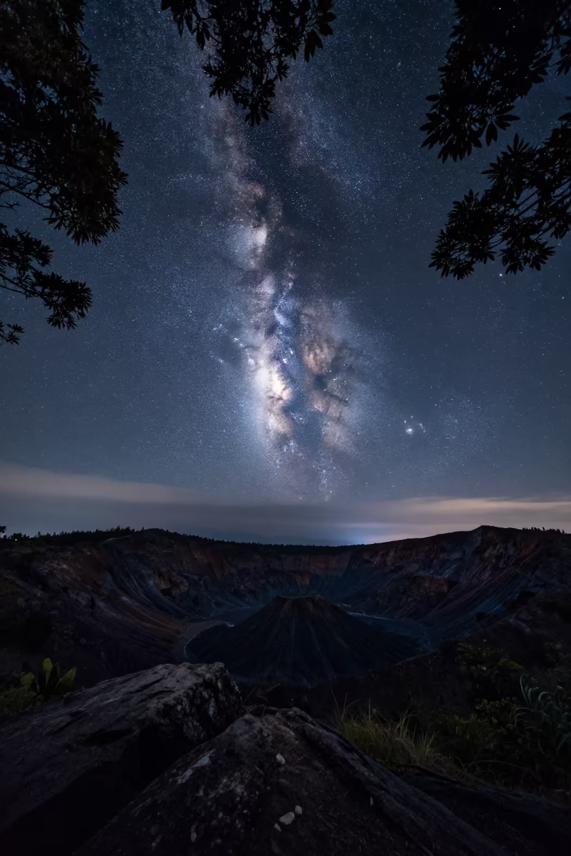Milky Way Core Above Volcanic Crater Medellín in beneath a dark-sky overlook near Medellín