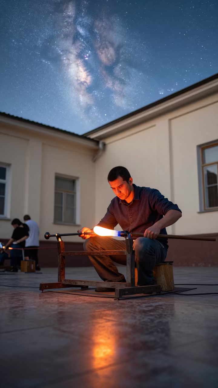 Milky Way Glassblower Gathering Molten Glass in in a market hall in Kutaisi