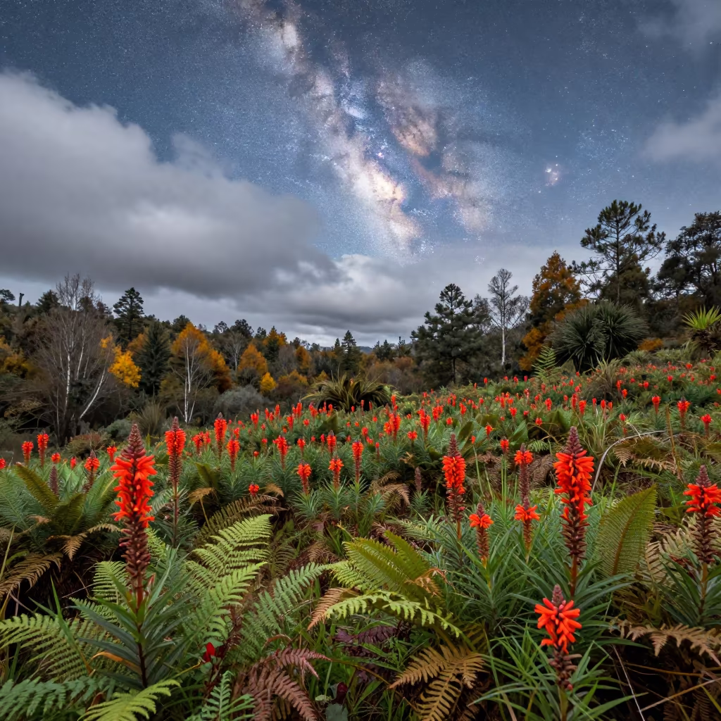 Milky Way Over Indian Paintbrush Meadow in Cloudy Quito in on a fern-lined forest floor near La Ronda, Quito