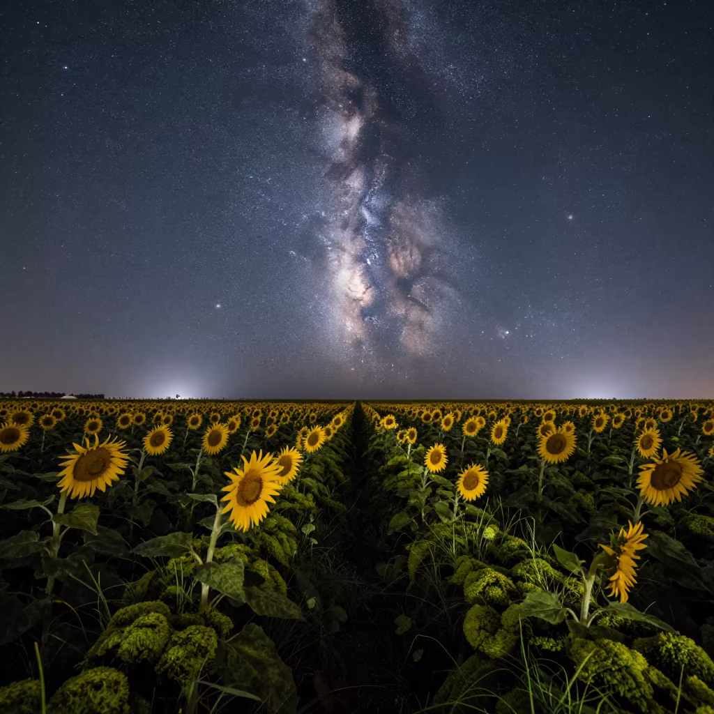 Milky Way Over Iraqi Sunflower Field at Night in under a band of cold starlight in Iraq