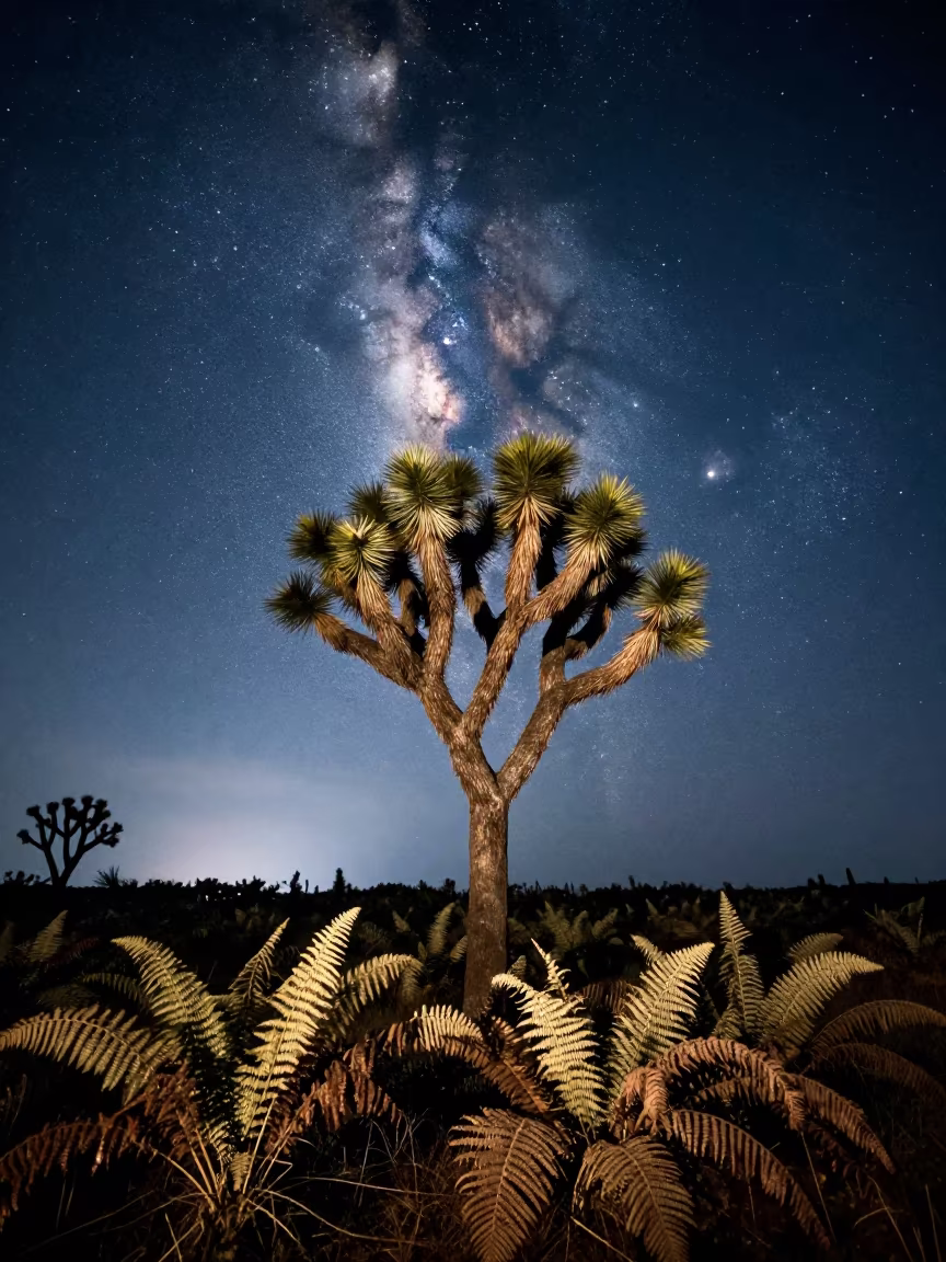 Milky Way Rising Over Joshua Tree in Vladivostok in on a fern-lined forest floor near Vladivostok