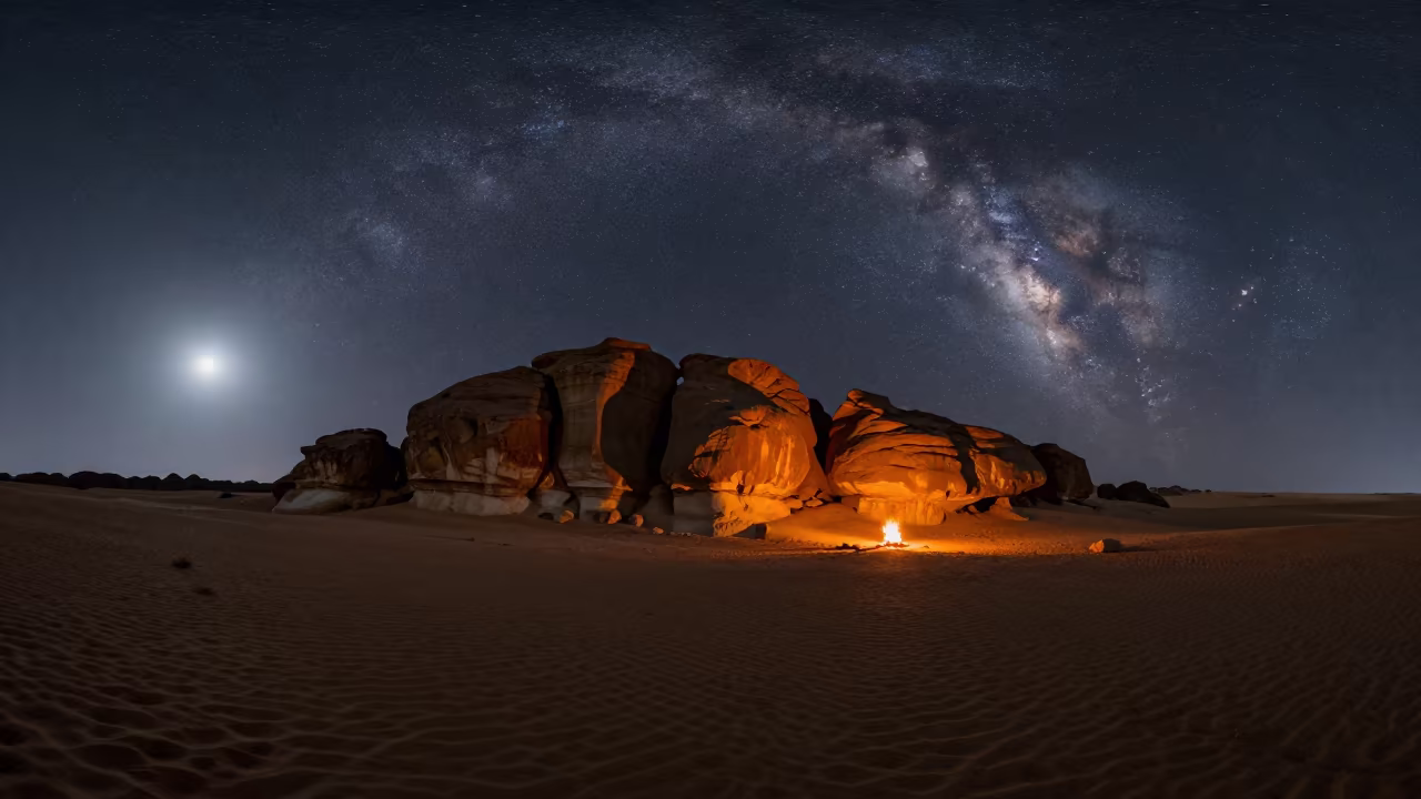 Milky Way over Desert Rock Near Riyadh in beneath a moon-washed horizon near Riyadh